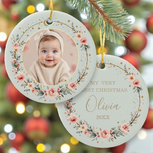Sage Green Celestial Baby First Christmas Photo Keramik Ornament