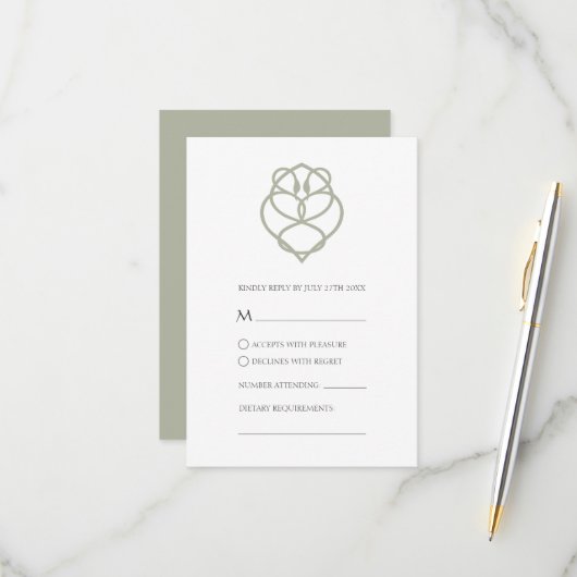 Sage Green Celtic Irish Swan Liebe Knot Wedding RSVP Karte (Vorderseite/Rückseite Beispiel)