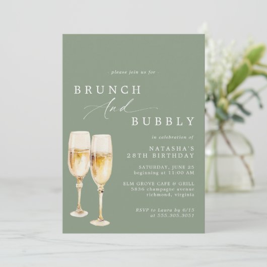 Sage Green | Champagne Birthday Brunch & Bubbly Einladung (Stehend Vorderseite)