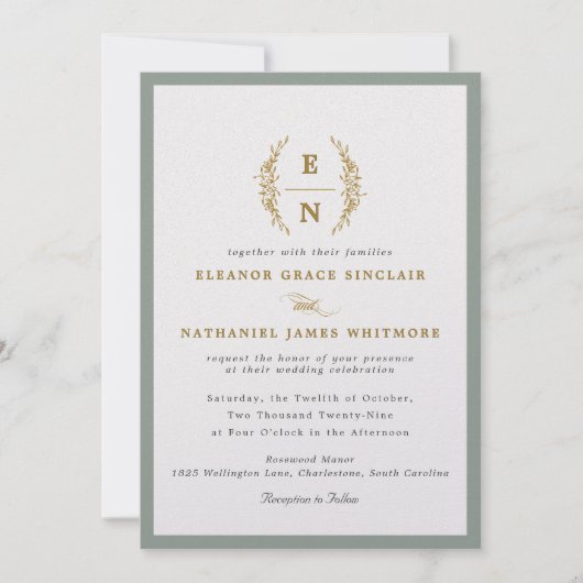 Sage Green & Champagne Gold Monogram Wedding Einladung (Vorderseite)