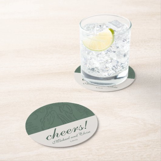 Sage Green Cheers Elegante Personalisiert Hochzeit Runder Pappuntersetzer (Vor Ort)
