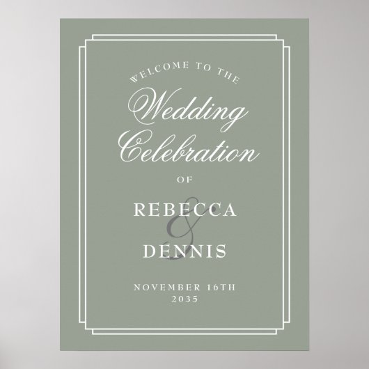 Sage Green Chic Art Deco Hochzeit Begrüßungszeiche Poster (Vorne)
