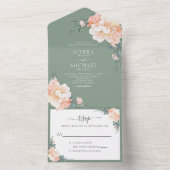 Sage Green Chic Blush Peach Floral Boho Hochzeit All In One Einladung (Innen Boden)