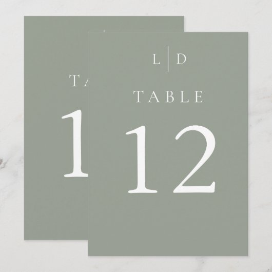 Sage Green Chic Monogram Wedding Tischnummern (Vorne/Hinten)