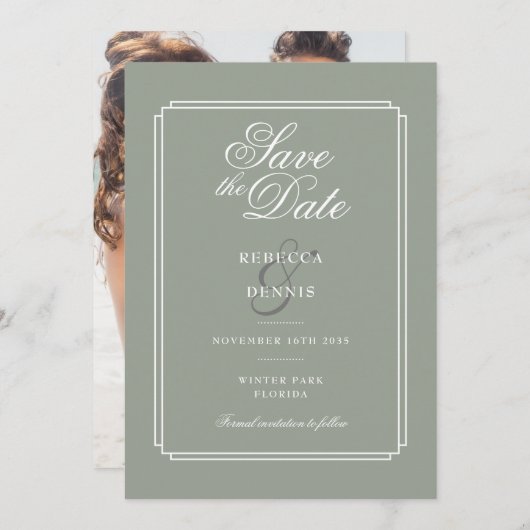 Sage Green Chic Script Art Deco Foto Hochzeit Save The Date (Vorne/Hinten)