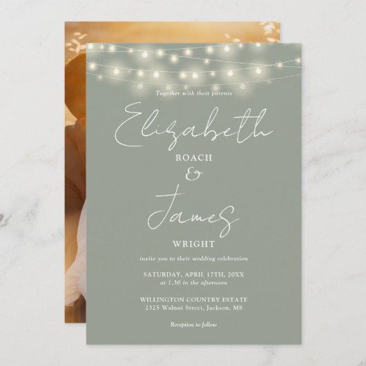 Sage Green Chic String Lights Script Foto Hochzeit Einladung (Vorne/Hinten)