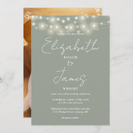 Sage Green Chic String Lights Script Foto Hochzeit Einladung