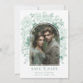 Sage Green Chinoiserie Bird Peel Save the Date Einladung (Vorderseite)