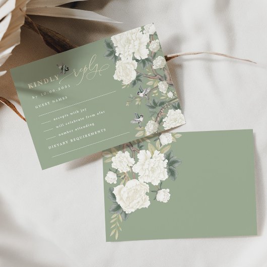 Sage Green Chinoiserie Bird Peony Wedding RSVP Karte