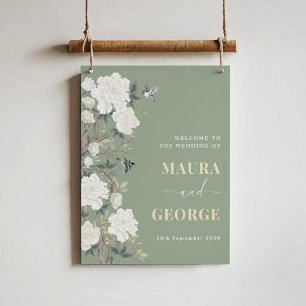 Sage Green Chinoiserie Blume Bird Wedding Willkomm Poster
