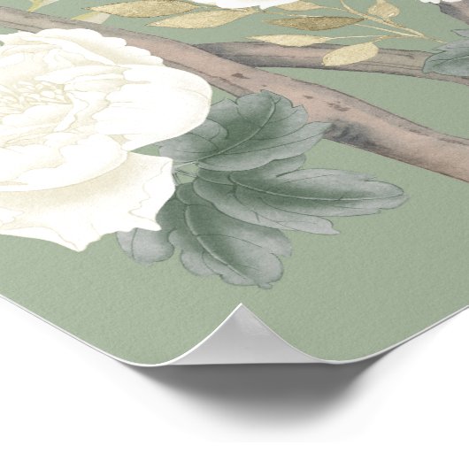 Sage Green Chinoiserie Blume Bird Wedding Willkomm Poster (Ecke)
