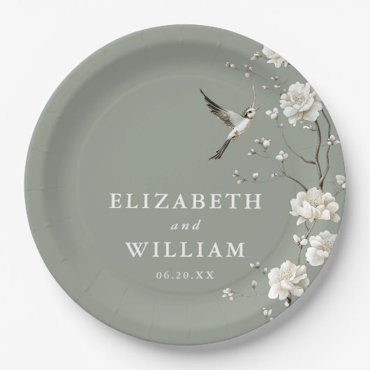 Sage Green Chinoiserie Blumengarten Hochzeit Pappteller (Vorderseite)