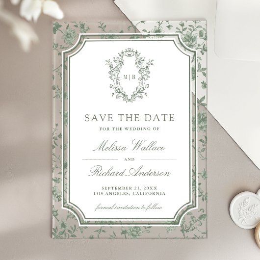 Sage Green Chinoiserie Crest Wedding Save the Date Acryleinladungen