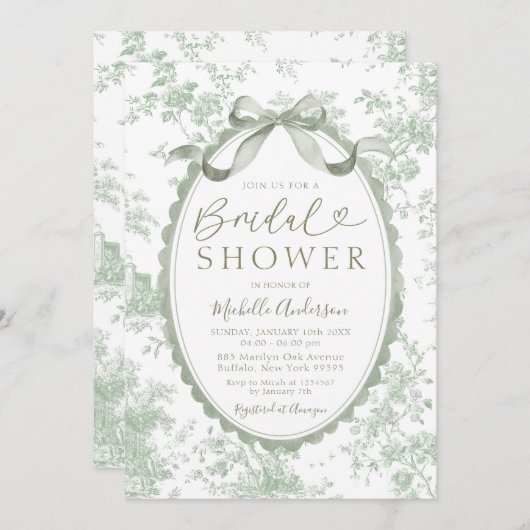 Sage Green Chinoiserie Floral Toile Bridal Shower Einladung (Vorne/Hinten)