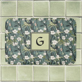Sage Green Chinoiserie Floral White Initial  Badematte