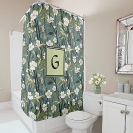 Sage Green Chinoiserie Floral White Initial Duschvorhang