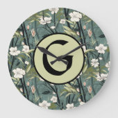 Sage Green Chinoiserie Floral White Initial Große Wanduhr (Vorderseite)