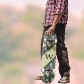 Sage Green Chinoiserie Floral White Initial  Skateboard