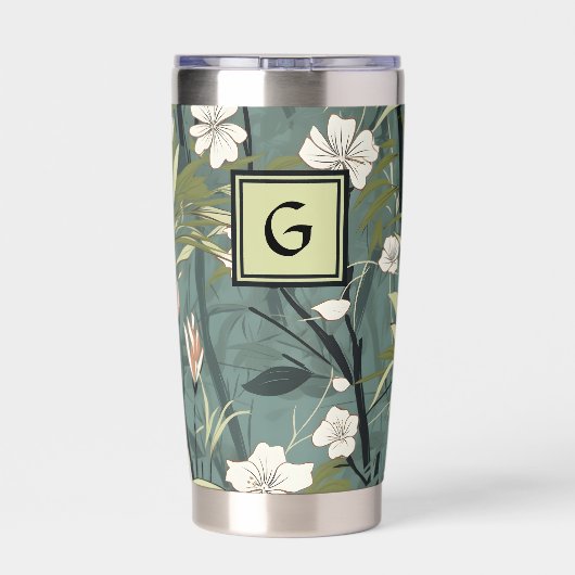 Sage Green Chinoiserie Floral White Initial  Thermobecher (Rückseite)