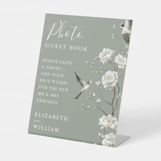 Sage Green Chinoiserie Foto Gästebuch Hochzeit Sockelschild (Vorderseite)