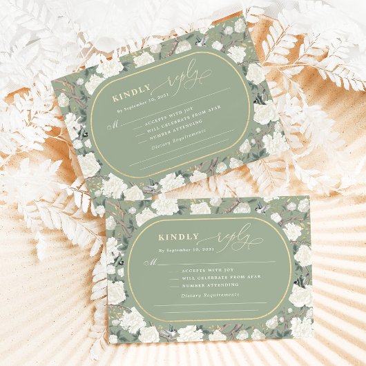 Sage Green Chinoiserie Ivory Blume Hochzeit RSVP Karte