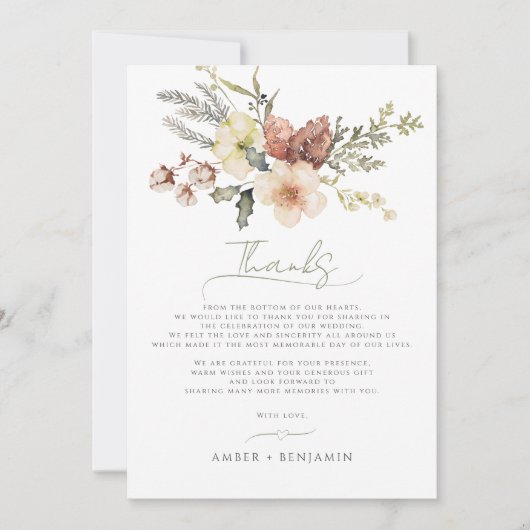 Sage Green Christmas Bloral Winter Pine Hochzeit Dankeskarte (Vorderseite)