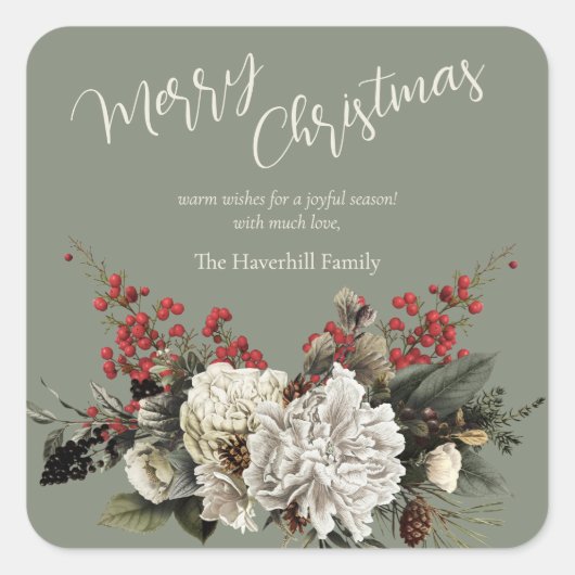 Sage Green Christmas Bluoral Custom Familienname Quadratischer Aufkleber (Vorderseite)