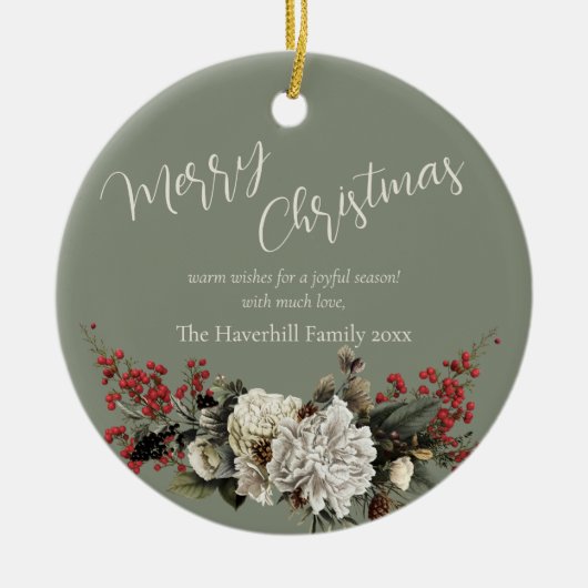 Sage Green Christmas Floral Family Name Modern Keramik Ornament (Vorne)
