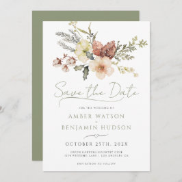 Sage Green Christmas Winter Floral Save the Date Einladung