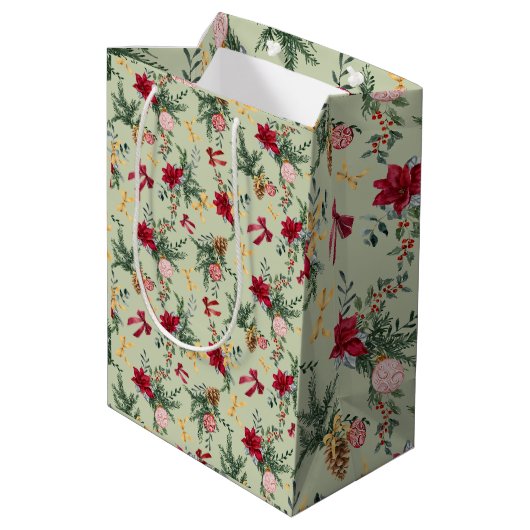 Sage Green Christmas Winter Greenery & Bow Pattern Mittlere Geschenktüte (Rückseite Schrägansicht)