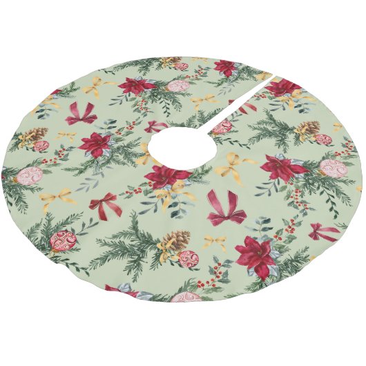 Sage Green Christmas Winter Greenery & Bow Pattern Polyester Weihnachtsbaumdecke (Schrägansicht)