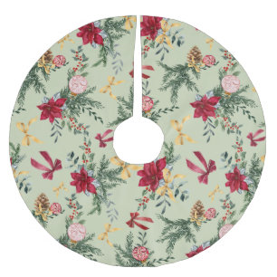 Sage Green Christmas Winter Greenery & Bow Pattern Polyester Weihnachtsbaumdecke