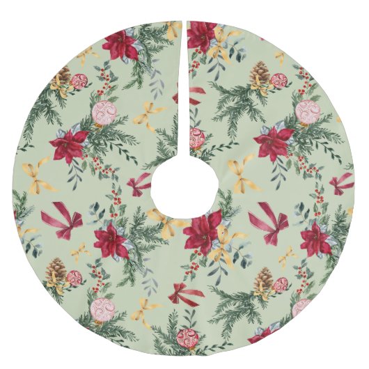 Sage Green Christmas Winter Greenery & Bow Pattern Polyester Weihnachtsbaumdecke (Vorderseite)