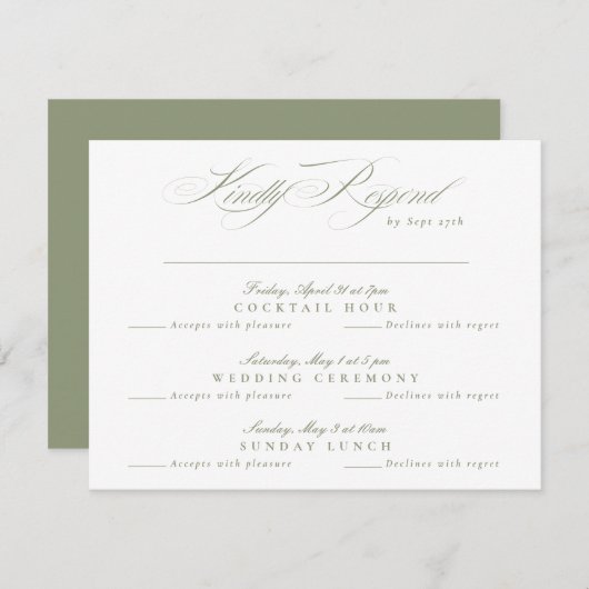 Sage Green Classic Calligraphy Multi-Event RSVP Karte (Vorne/Hinten)