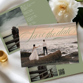 Sage Green Classic Elegante QR Code Foto Hochzeit Save The Date