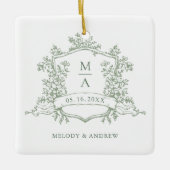 Sage Green Classic Floral Crest Wedding Photo Keramikornament (Vorderseite)