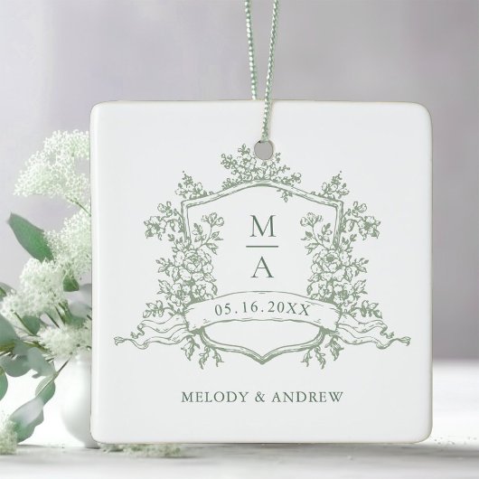 Sage Green Classic Floral Crest Wedding Photo Keramikornament