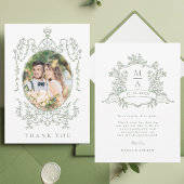 Sage Green Classic Floral Frame Wedding Photo      Dankeskarte