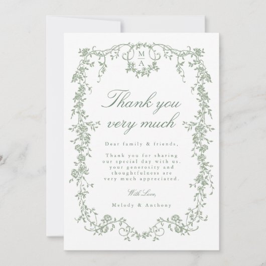 Sage Green Classic Französisch Floral Wedding Foto Dankeskarte (Vorderseite)