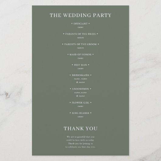 Sage Green Classic Minimalistisch Wedding Program (Rückseite)