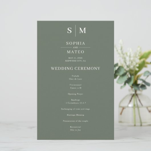 Sage Green Classic Minimalistisch Wedding Program (Stehend Vorderseite)