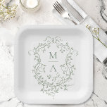 Sage Green Classic Wappen Monogram Wedding Pappteller<br><div class="desc">Eleganter französischer viktorianischer Weise grün blühende Hochzeitsplatte. Für eine weiter gehende Anpassung dieses Designs klicken Sie bitte auf die Schaltfläche "DESIGN TOOL" oben!</div>