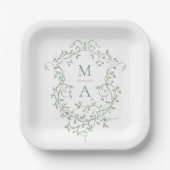 Sage Green Classic Wappen Monogram Wedding Pappteller (Vorderseite)