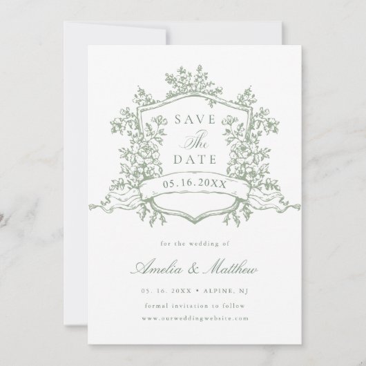 Sage Green Classic Wappen Wedding Save The Date (Vorderseite)