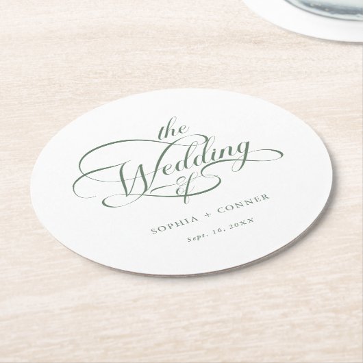 Sage Green Classy Calligraphy Wedding Runder Pappuntersetzer (Angewinkelt)