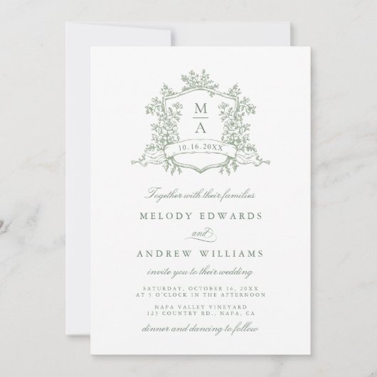 Sage Green Classy Floral Crest Wedding Invitation Einladung (Vorderseite)