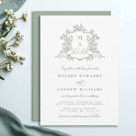 Sage Green Classy Floral Crest Wedding Invitation Einladung