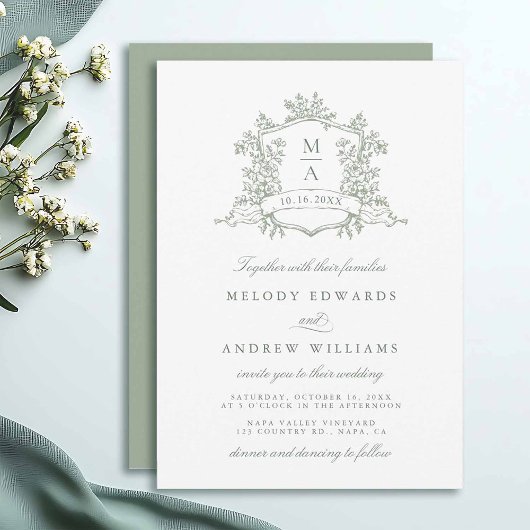 Sage Green Classy Floral Crest Wedding Invitation Einladung