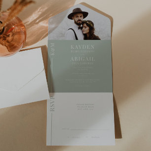 Sage Green Clean Line Hochzeits-Einladung All In One Einladung