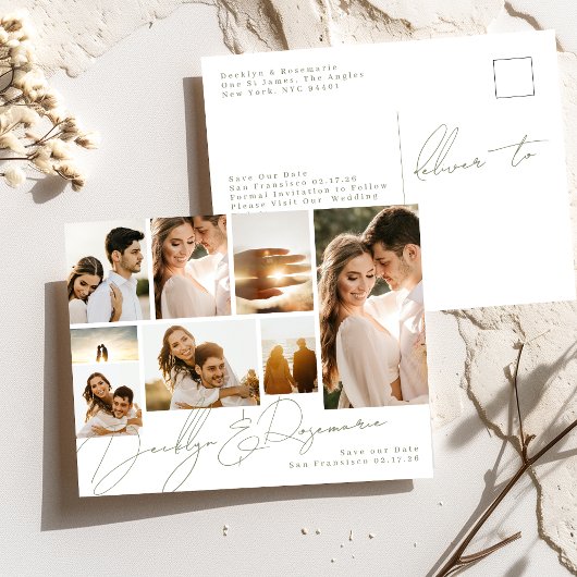Sage Green Collage Multi 8 Foto Save the Date Ankündigungspostkarte